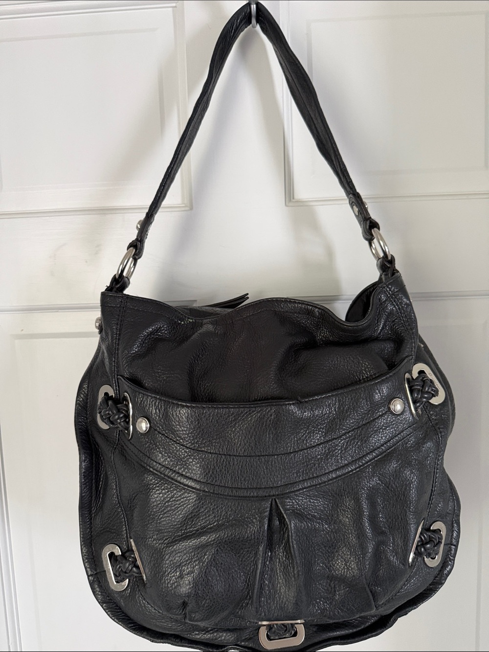 b. makowsky Black Pebbled Leather Slouchy Hobo Shoulder Bag